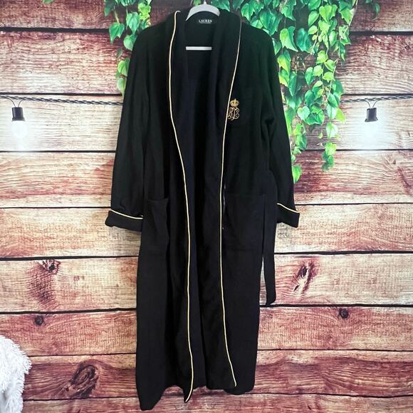 Ralph Lauren Long Sleeve Fleece Monogram Collar Robe Womens Large Belt Tie Black - Picture 3 of 8
